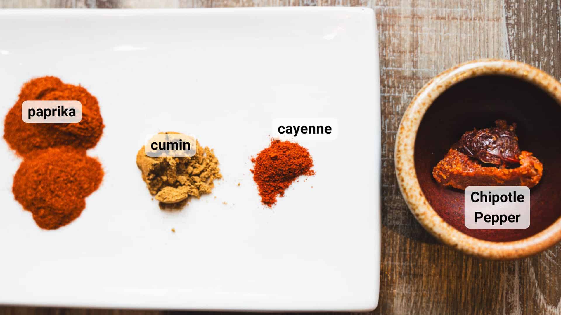 Chili powders on a white square plate and in a round bowl on a wooden table.