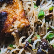 Sheet Pan Miso Chicken plated on a bed of pan fried glass noodle salad on a black plate.
