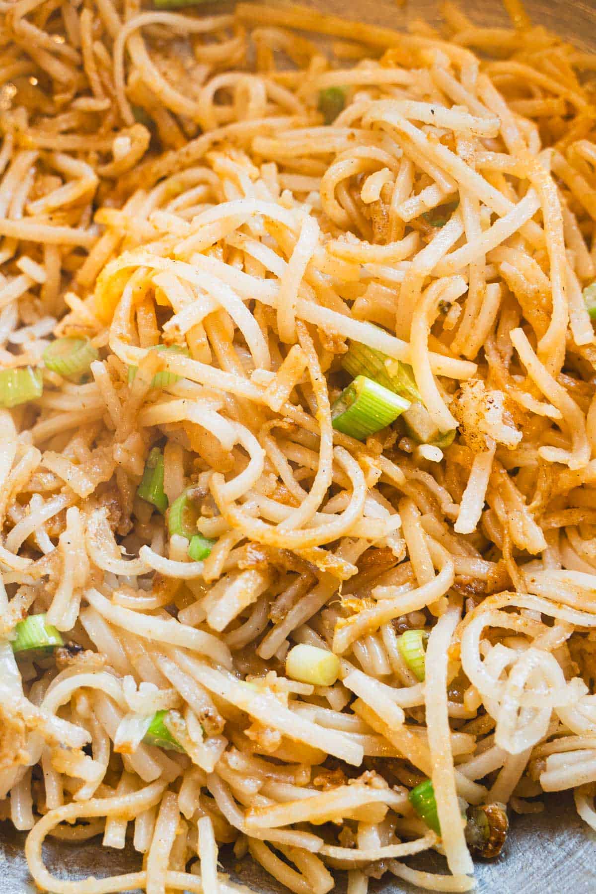 Pan fried noodles in a cast iron skillet garnished with green scallions.