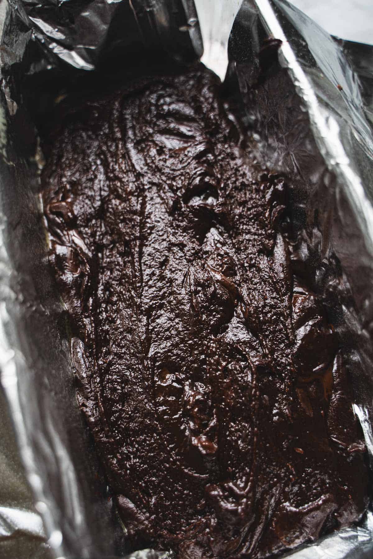 Small batch bourbon biscoff cookie butter brownie batter in loaf pan