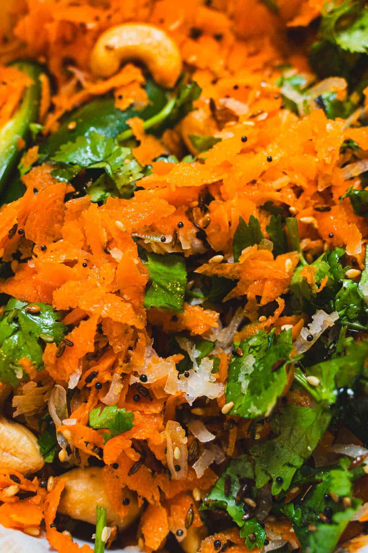 Raw shredded carrots tossed with cilantro, cashews and seasonings in a white bowl.