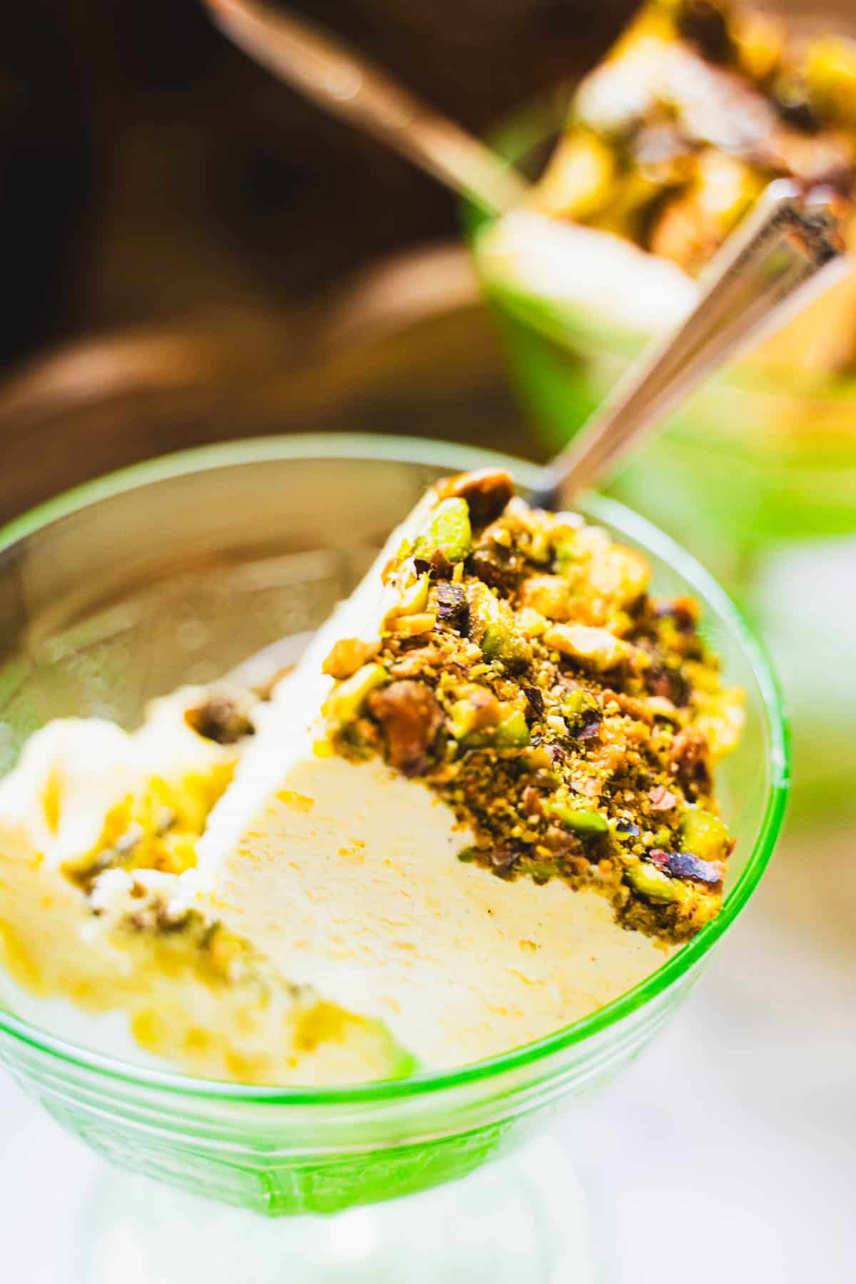 Kulfi Ice Cream Bars in green glass ice cream dessert bowl.
