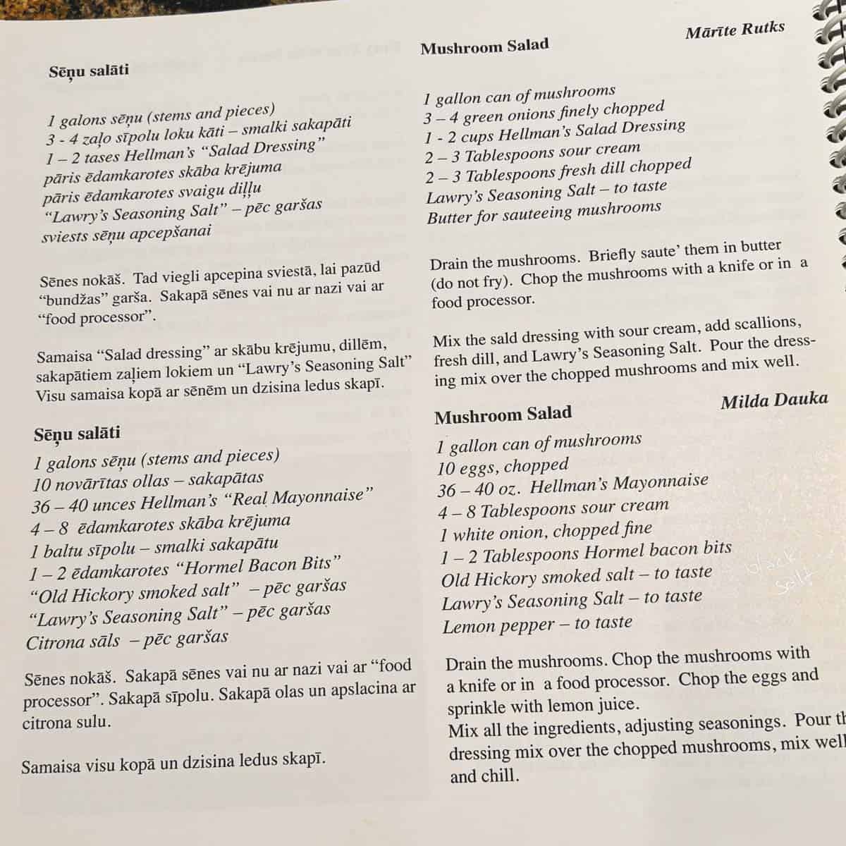 Mushroom Salad recipes in spiral bound cookbook.