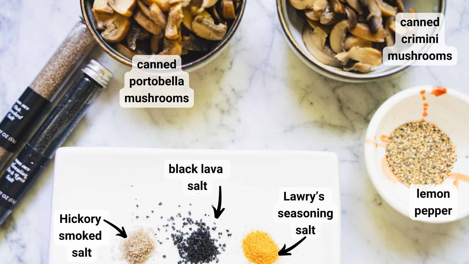 mushroom salad ingredients on white marble counter.