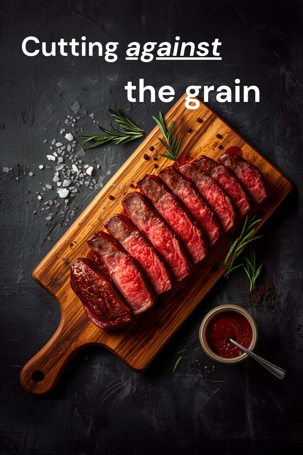 Flank steak cut against the grain resting on cutting board.