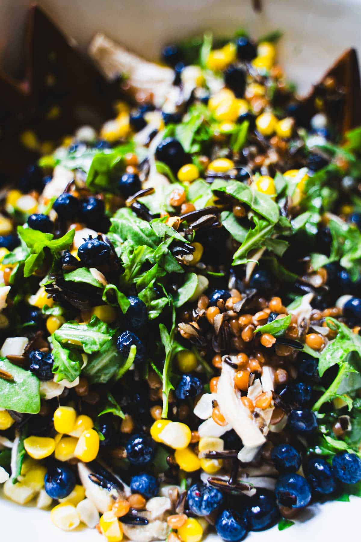 Grain bowl tossed together in a white bowl.