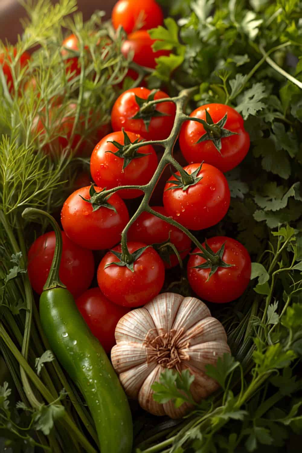 Fresh dill, on the vine cherry tomatoes, parsley, a jalapeno pepper and head of garlic piled together to make marinated tomatoes.