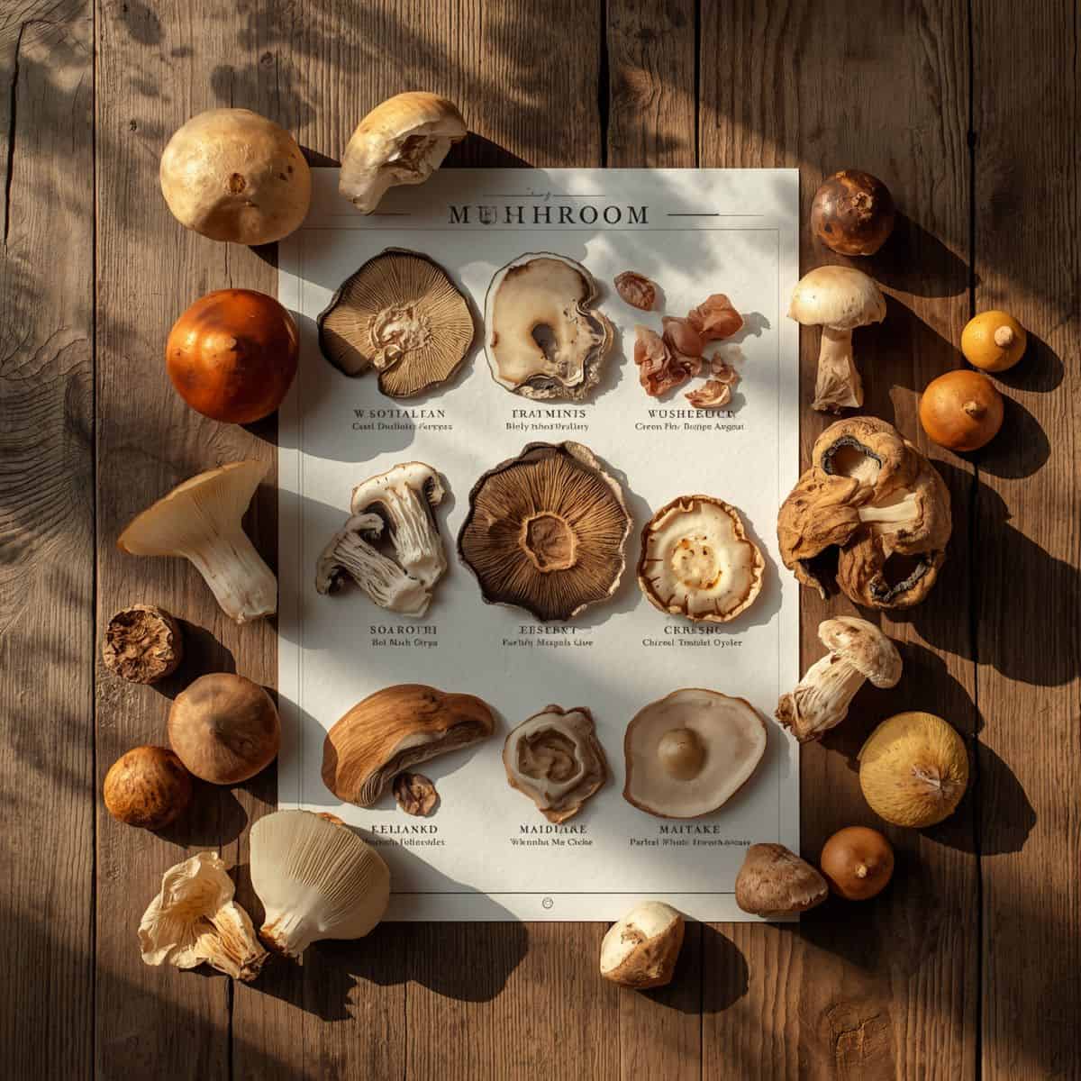 6 varieties of fresh mushrooms on a poster paper labeled by each variety.