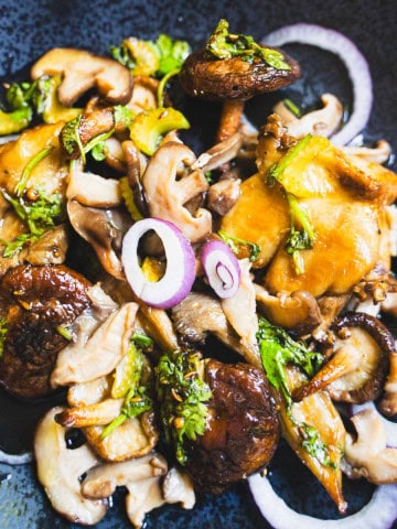 Mushroom salad tossed with pickled mushrooms, roasted mushrooms, celery, cilantro, red onions and a vinaigrette on a black plate next to cherry tomato bruschetta and sprigs of basil.