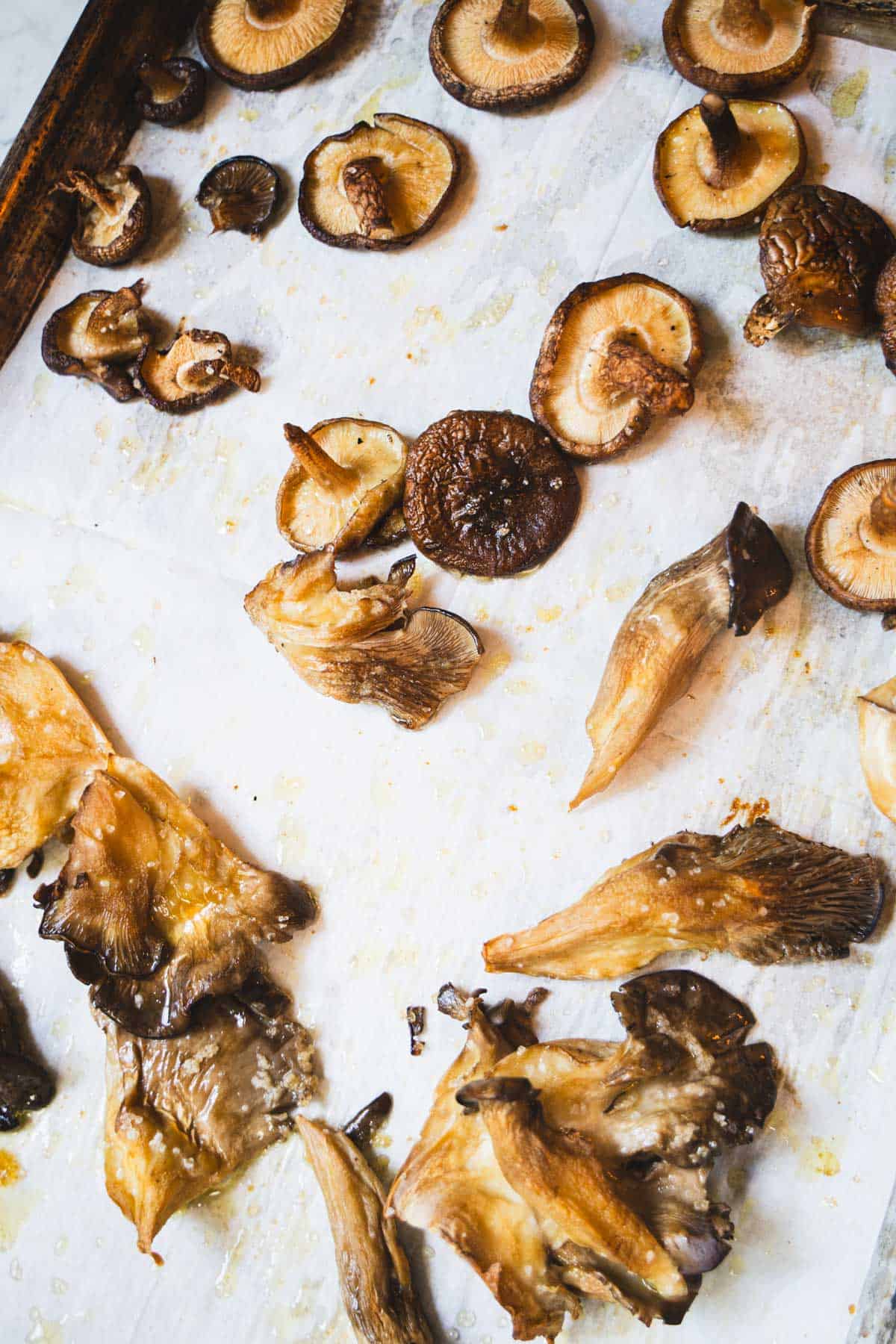 Mix of roasted mushrooms on a parchment lined baking sheet.