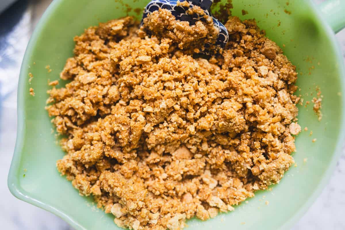 Bowl of graham cracker crumbs mixed with melted butter for no bake cheesecake recipe.