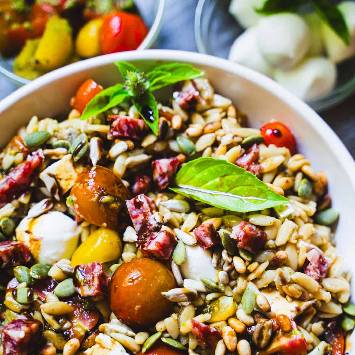 Orzo salad in a bowl with marinated cherry tomatoes, roasted eggplant cubes, soppressata cubed and basil. Alongside a bowl of marinated cherry tomatoes and a bowl of mozzarella balls.