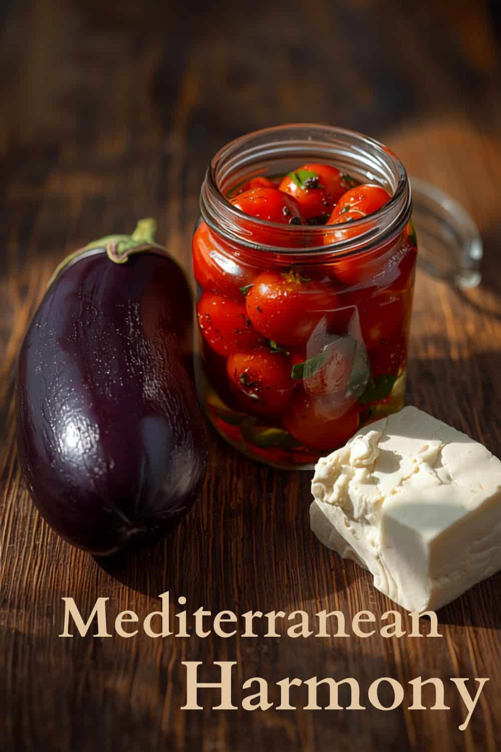 Marinated Tomatoes, a whole eggplant and a block of feta cheese on a wooden table to make orzo salad.