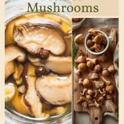 Poster with a jar of pickled mushrooms and a cutting board with fresh mushrooms to make a small batch of pickled mushrooms.