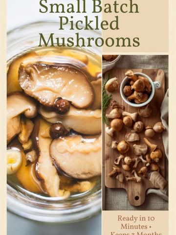 Poster with a jar of pickled mushrooms and a cutting board with fresh mushrooms to make a small batch of pickled mushrooms.