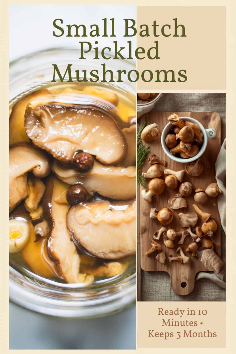 Poster with a jar of pickled mushrooms and a cutting board with fresh mushrooms to make a small batch of pickled mushrooms.