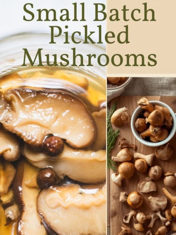 Poster with a jar of pickled mushrooms and a cutting board with fresh mushrooms to make a small batch of pickled mushrooms.