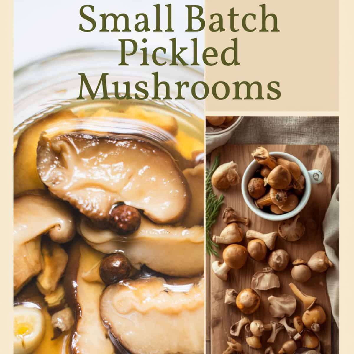 Poster with a jar of pickled mushrooms and a cutting board with fresh mushrooms to make a small batch of pickled mushrooms.