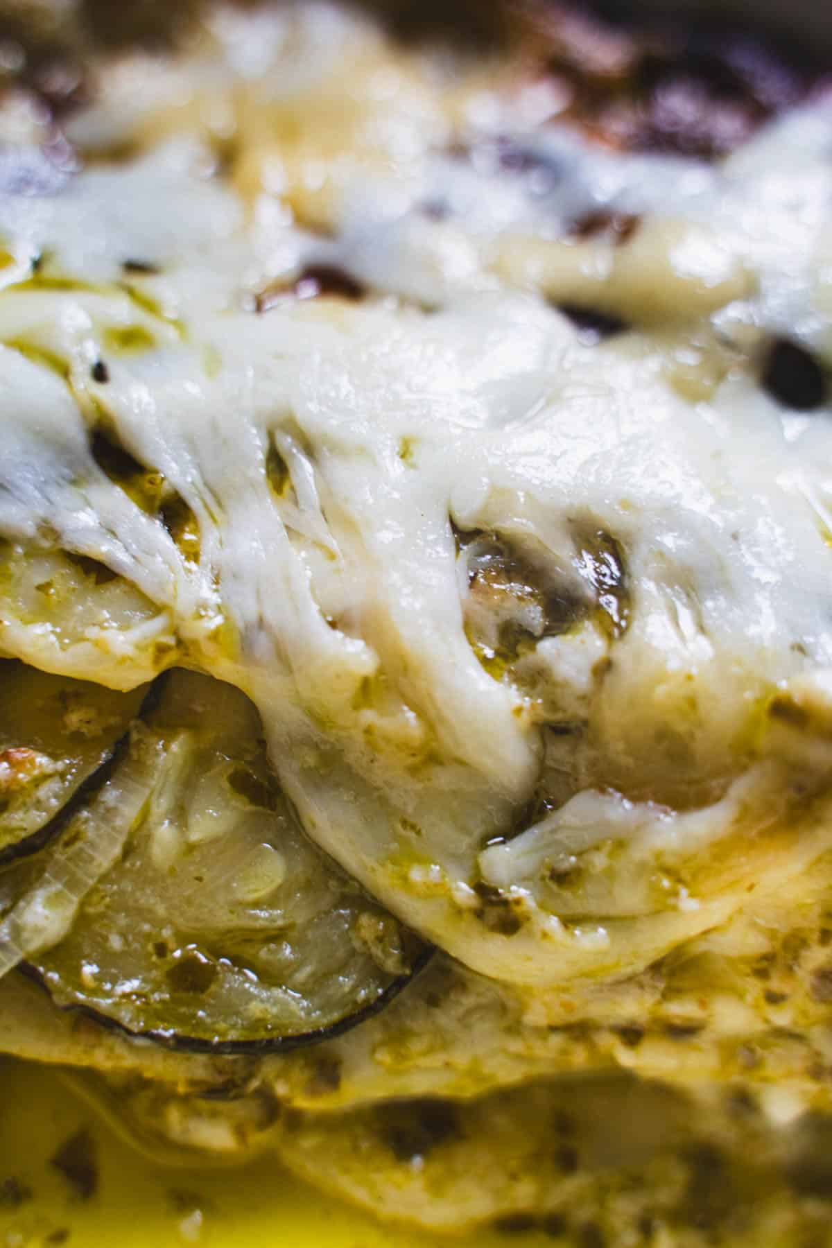 White zucchini lasagna in ramekin.