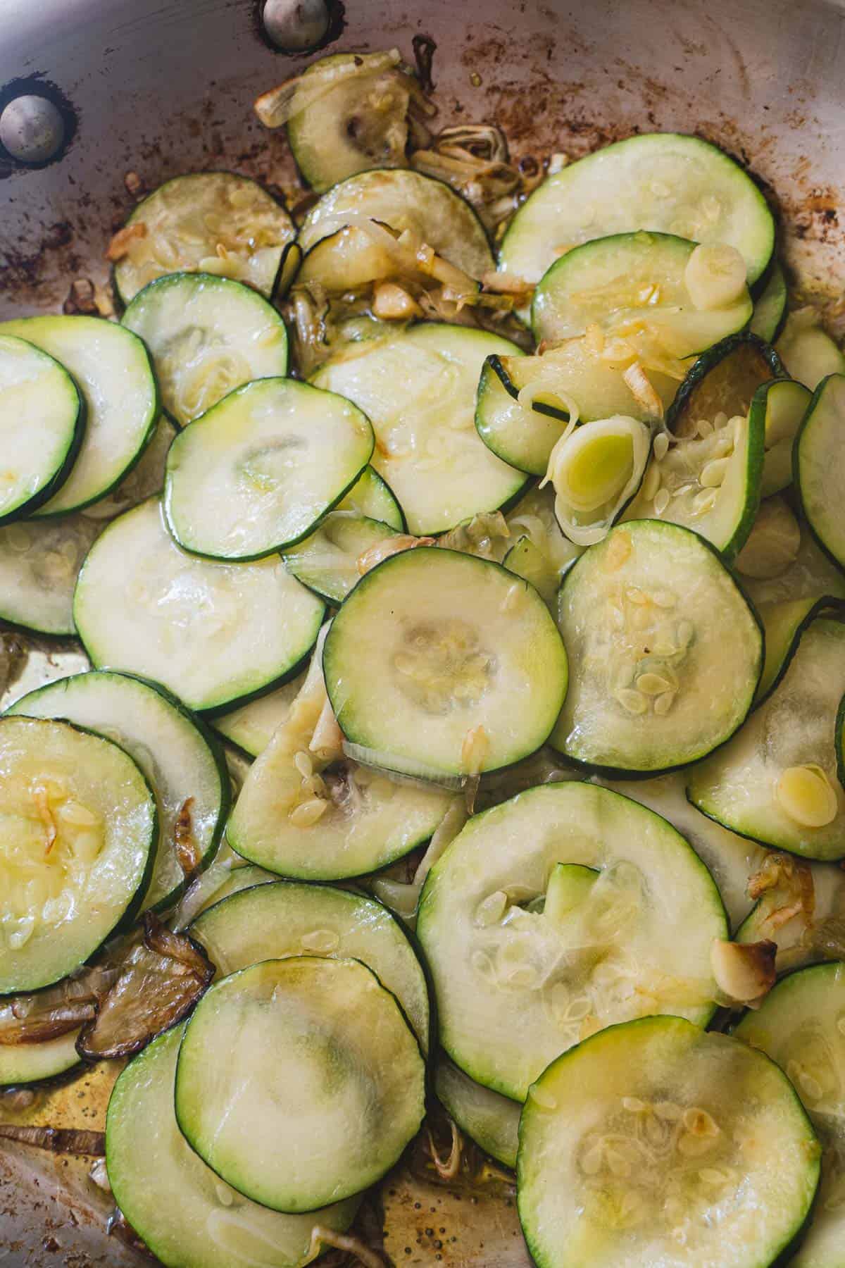 Zucchini sauteed in skillet until soft not mushy.