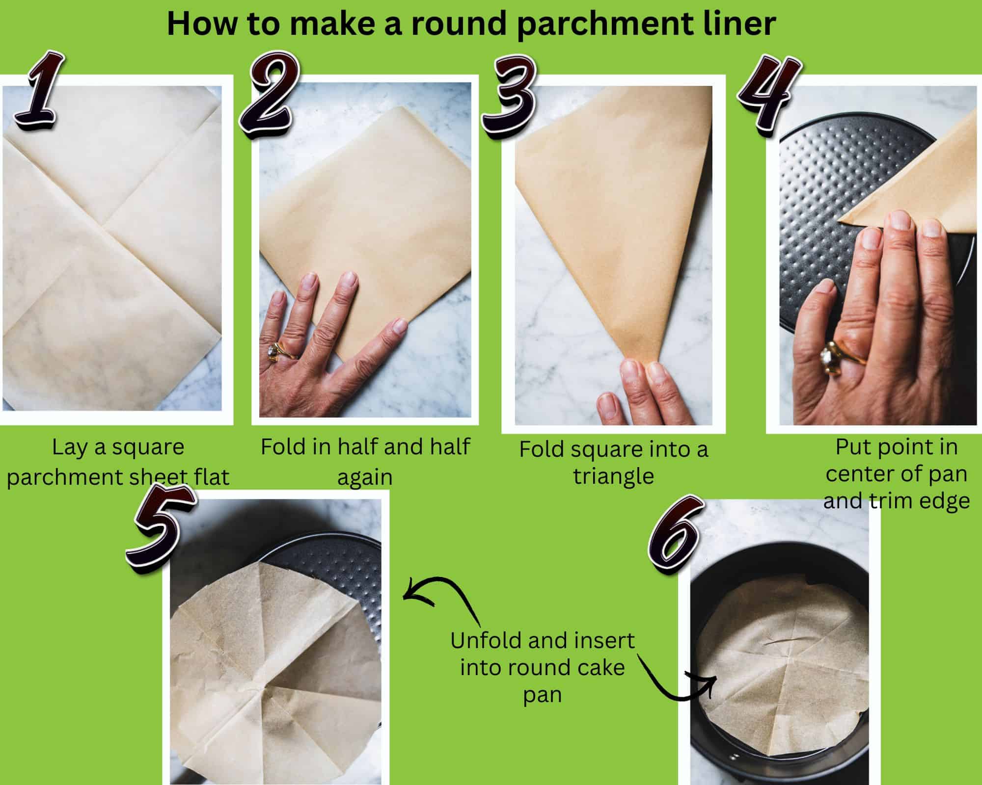 Six photos showing how to fold and cut parchment liner to fit round cake pan.